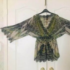 Susan Lawrence green Boho sheer top with bell sleeves Size XL